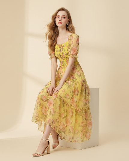 Gelbes Chiffon-Midikleid mit Volant-Saum - Ansicht 5