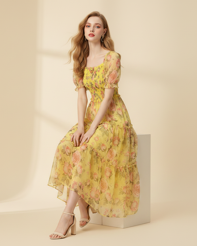 Gelbes Chiffon-Midikleid mit Volant-Saum - Ansicht 5