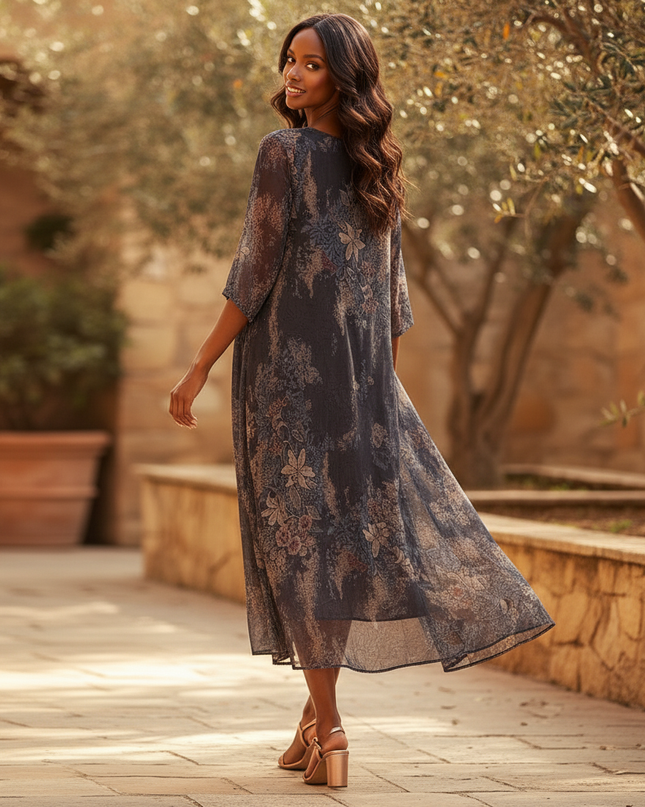 Graues Chiffonkleid mit Blumenmuster - Ansicht 2