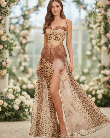 Chiffonkleid mit Leopardenmuster und Spitze - Ansicht 1