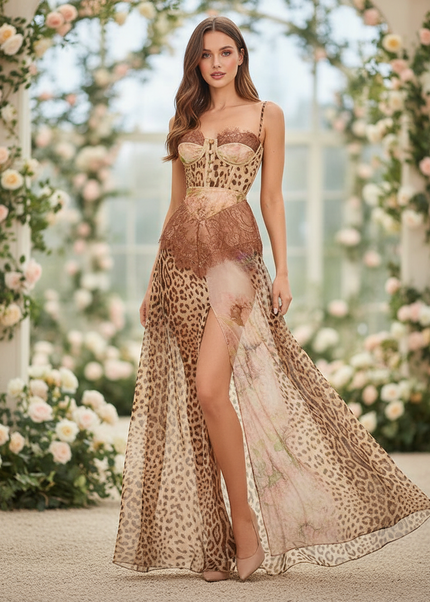 Chiffonkleid mit Leopardenmuster und Spitze - Ansicht 1