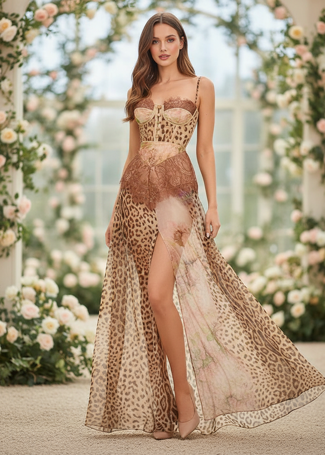 Chiffonkleid mit Leopardenmuster und Spitze - Ansicht 1