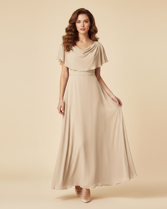 Beiges Chiffon Kleid mit Volantdetails - Ansicht 1