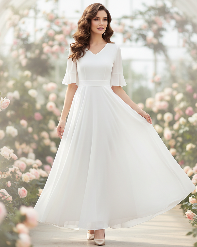 Weisses Chiffonkleid mit V-Ausschnitt und Flattersaermeln - Ansicht 1