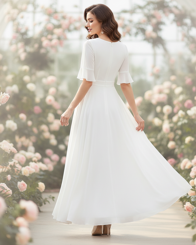 Weisses Chiffonkleid mit V-Ausschnitt und Flattersaermeln - Ansicht 2