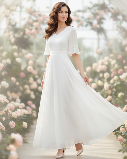 Weisses Chiffonkleid mit V-Ausschnitt und Flattersaermeln - Ansicht 3