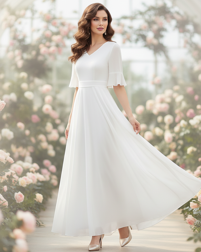 Weisses Chiffonkleid mit V-Ausschnitt und Flattersaermeln - Ansicht 3