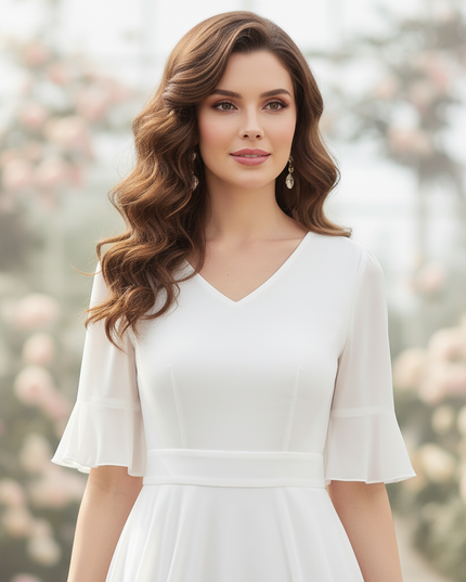 Weisses Chiffonkleid mit V-Ausschnitt und Flattersaermeln - Ansicht 4