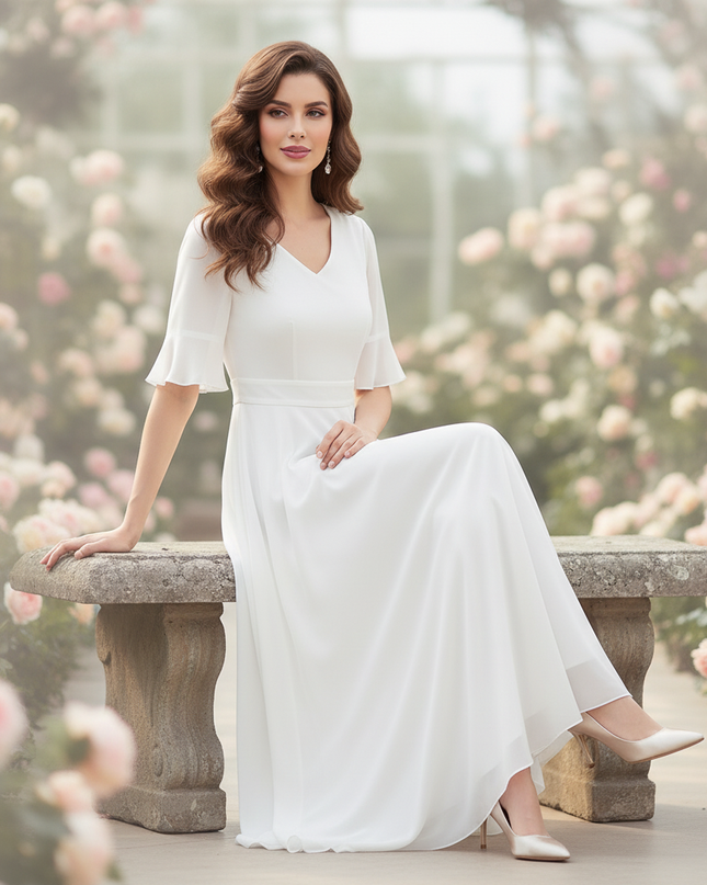Weisses Chiffonkleid mit V-Ausschnitt und Flattersaermeln - Ansicht 5