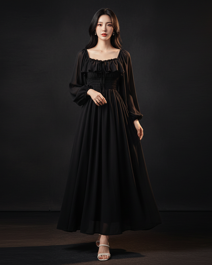 Schwarzes Empire Chiffonkleid Puffarmel - Ansicht 1