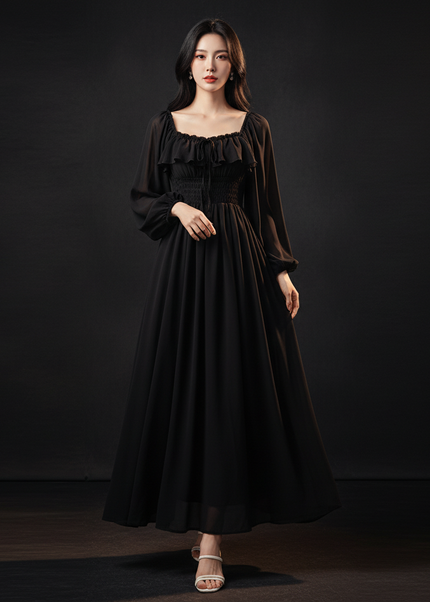 Schwarzes Empire Chiffonkleid Puffarmel - Ansicht 1
