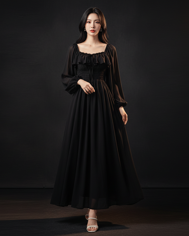 Schwarzes Empire Chiffonkleid Puffarmel - Ansicht 1