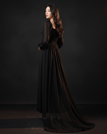 Schwarzes Empire Chiffonkleid Puffarmel - Ansicht 2