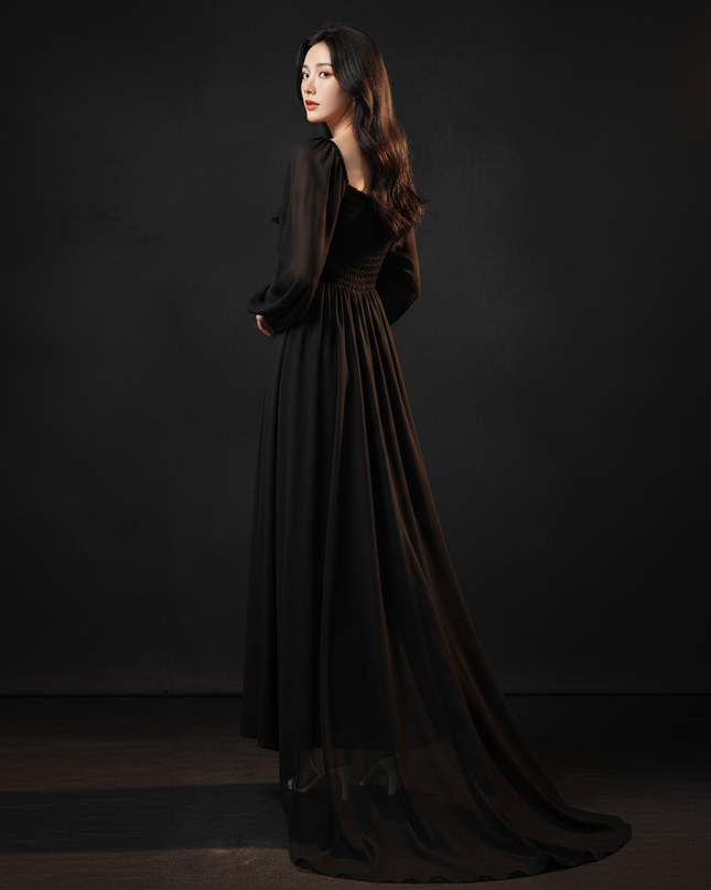 Schwarzes Empire Chiffonkleid Puffarmel - Ansicht 2