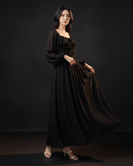 Schwarzes Empire Chiffonkleid Puffarmel - Ansicht 3