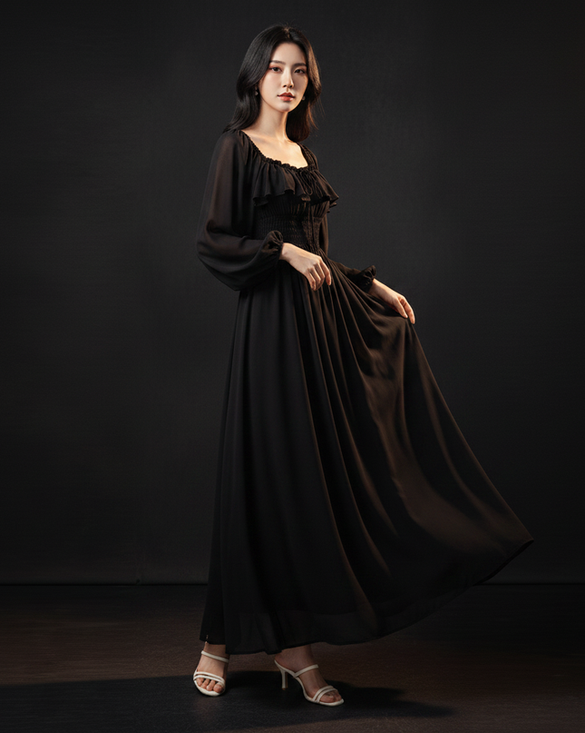 Schwarzes Empire Chiffonkleid Puffarmel - Ansicht 3