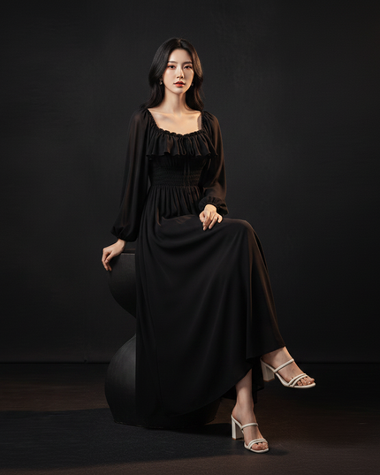 Schwarzes Empire Chiffonkleid Puffarmel - Ansicht 5