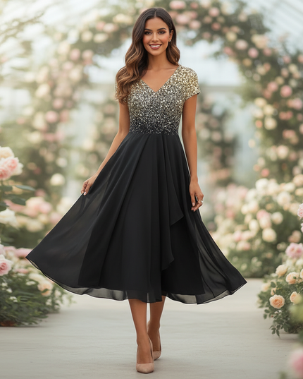Hochzeitsgast Chiffonkleid Goldglitter - Ansicht 1