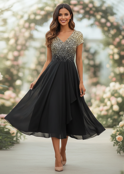 Hochzeitsgast Chiffonkleid Goldglitter - Ansicht 1