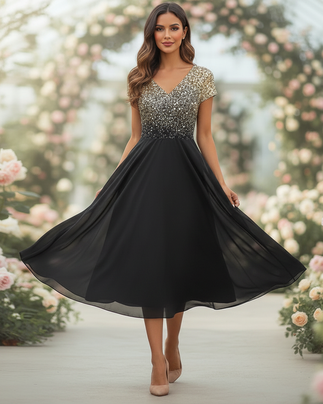 Hochzeitsgast Chiffonkleid Goldglitter - Ansicht 3