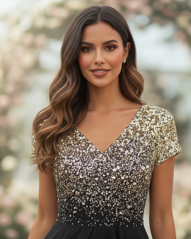 Hochzeitsgast Chiffonkleid Goldglitter - Ansicht 4