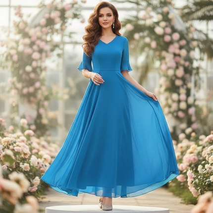 Chiffonkleid Blau Langarm Maxi V-Ausschnitt - Ansicht 1