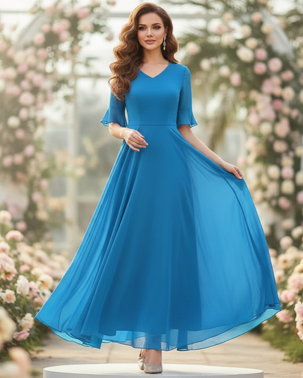 Chiffonkleid Blau Langarm Maxi V-Ausschnitt - Ansicht 1