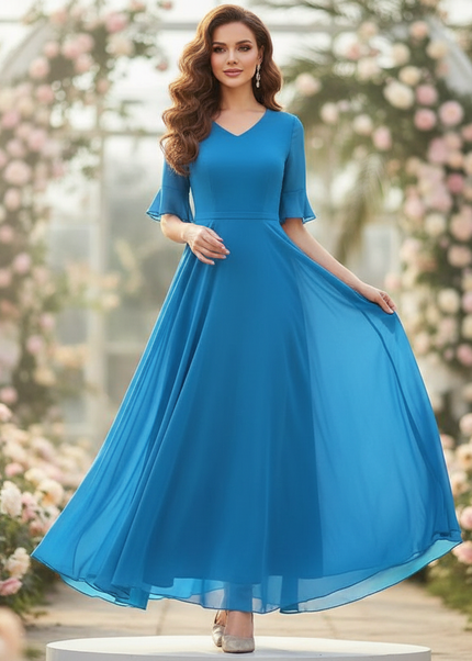 Chiffonkleid Blau Langarm Maxi V-Ausschnitt - Ansicht 1