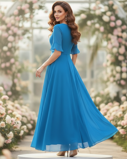 Chiffonkleid Blau Langarm Maxi V-Ausschnitt - Ansicht 2