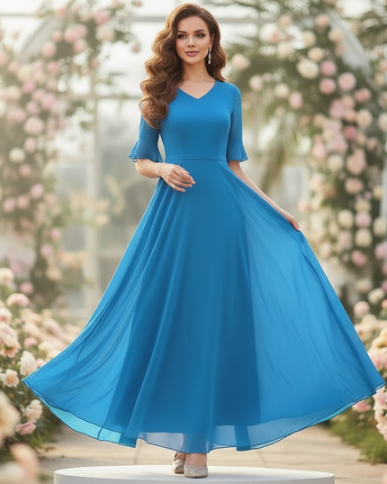 Chiffonkleid Blau Langarm Maxi V-Ausschnitt - Ansicht 3