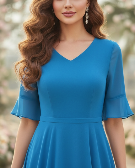 Chiffonkleid Blau Langarm Maxi V-Ausschnitt - Ansicht 4