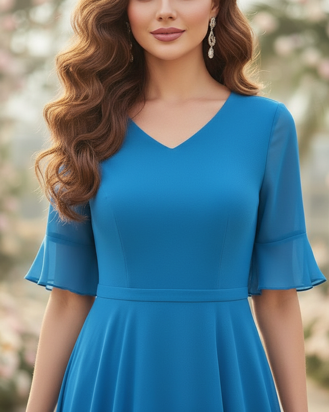 Chiffonkleid Blau Langarm Maxi V-Ausschnitt - Ansicht 4