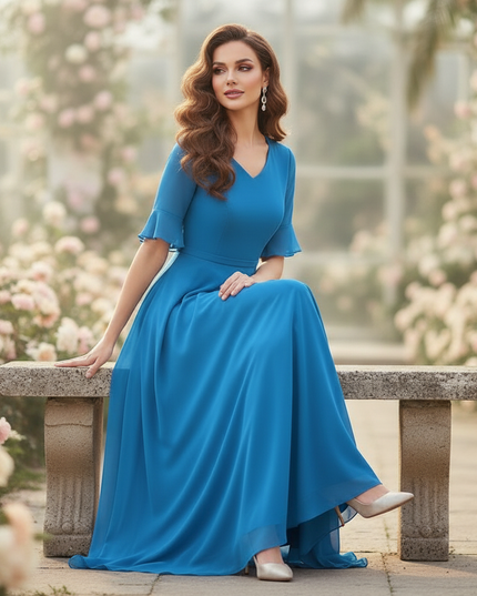 Chiffonkleid Blau Langarm Maxi V-Ausschnitt - Ansicht 5