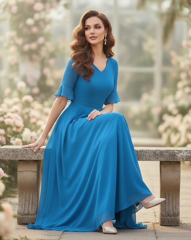 Chiffonkleid Blau Langarm Maxi V-Ausschnitt - Ansicht 5