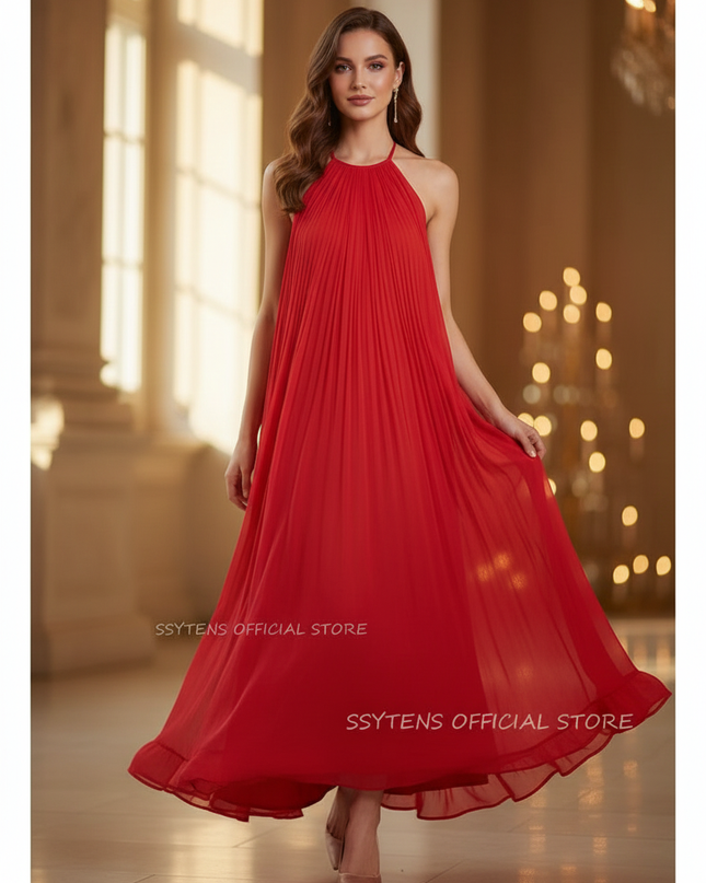 Rotes Plissee-Kleid mit Neckholder - Ansicht 1