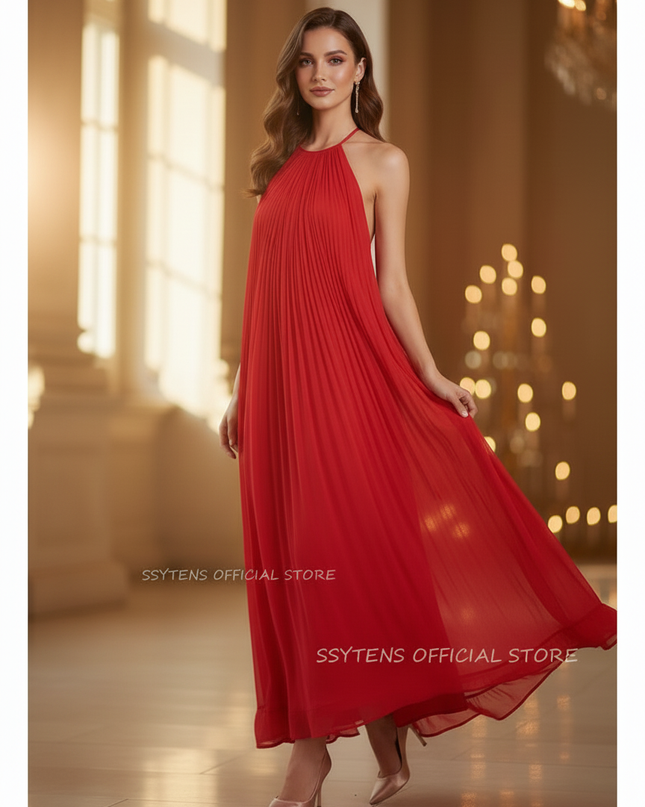 Rotes Plissee-Kleid mit Neckholder - Ansicht 3
