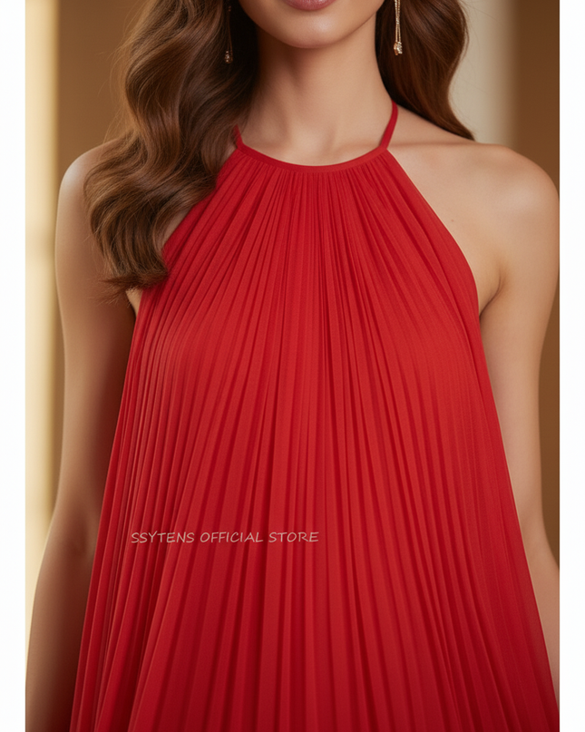 Rotes Plissee-Kleid mit Neckholder - Ansicht 4