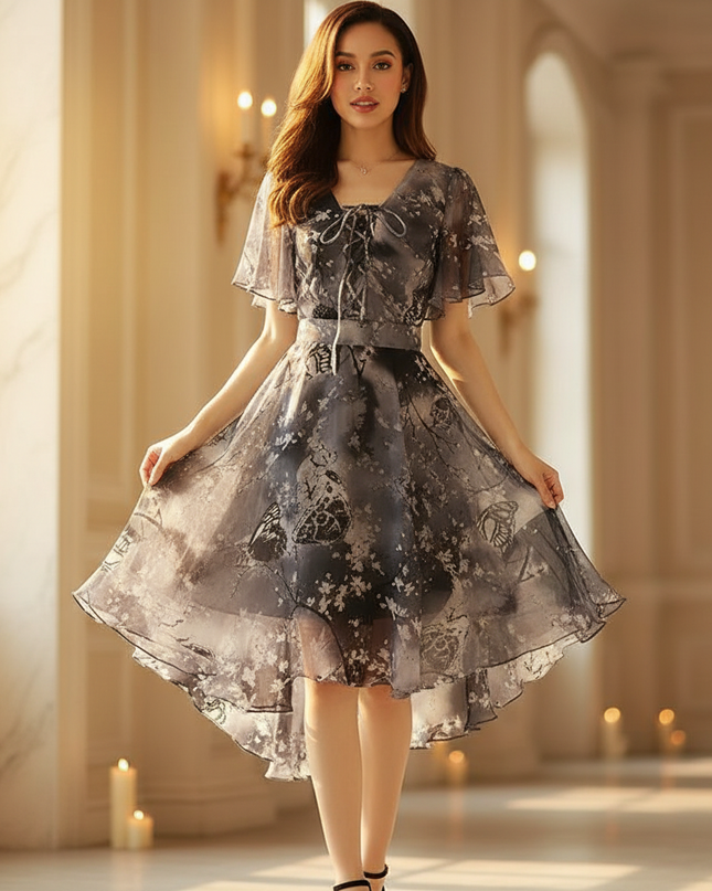 Graues Chiffonkleid mit Blumenprint und Volantrock - Ansicht 1