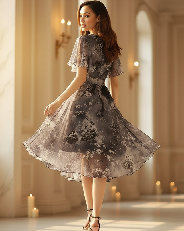 Graues Chiffonkleid mit Blumenprint und Volantrock - Ansicht 2