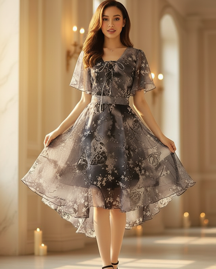 Graues Chiffonkleid mit Blumenprint und Volantrock - Ansicht 3