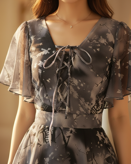 Graues Chiffonkleid mit Blumenprint und Volantrock - Ansicht 4