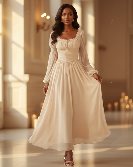 Chiffonkleid Beige mit Spitze Romantisch - Ansicht 1