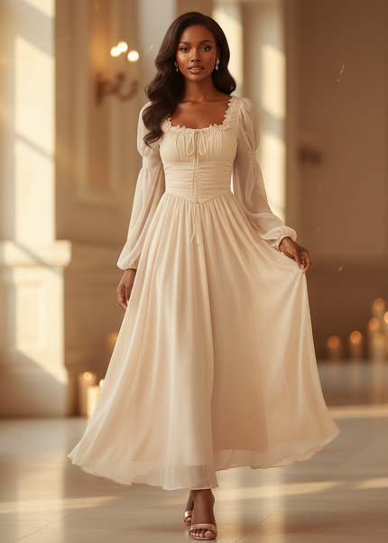 Chiffonkleid Beige mit Spitze Romantisch - Ansicht 1