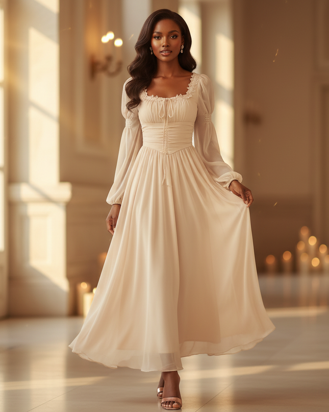 Chiffonkleid Beige mit Spitze Romantisch - Ansicht 1