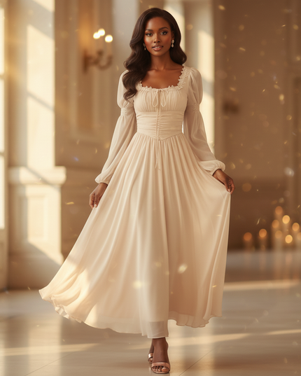 Chiffonkleid Beige mit Spitze Romantisch - Ansicht 3