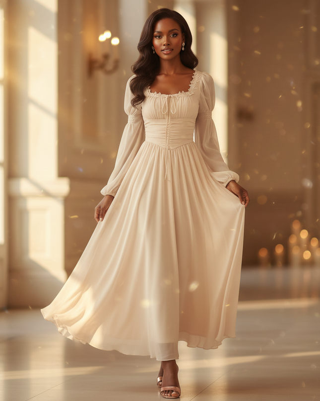 Chiffonkleid Beige mit Spitze Romantisch - Ansicht 3