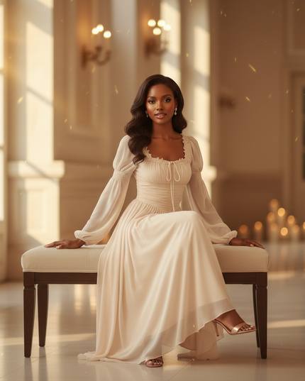 Chiffonkleid Beige mit Spitze Romantisch - Ansicht 5
