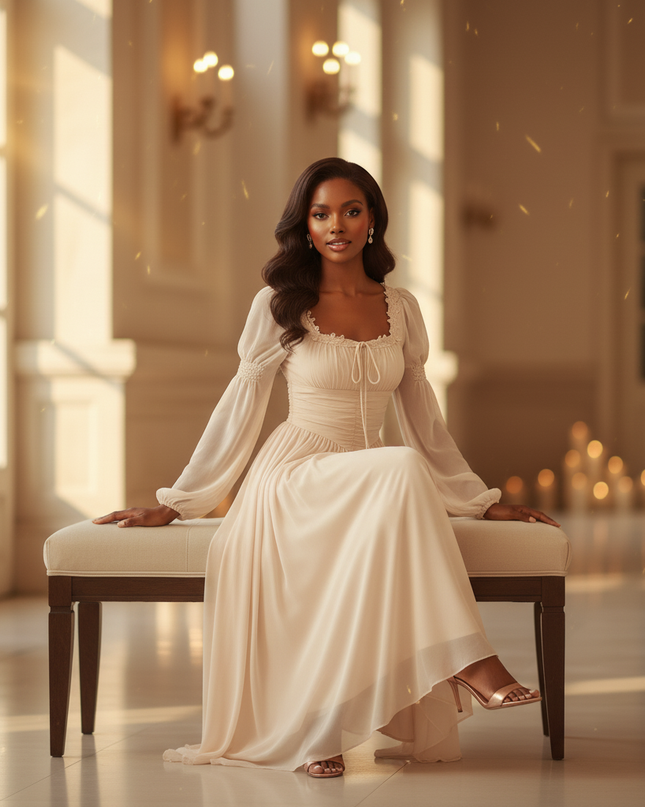 Chiffonkleid Beige mit Spitze Romantisch - Ansicht 5