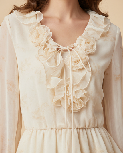 Chiffon Kleid mit 3D Blumen Beige Mini - Ansicht 4