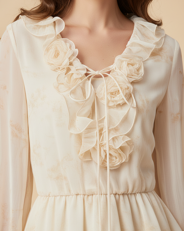 Chiffon Kleid mit 3D Blumen Beige Mini - Ansicht 4